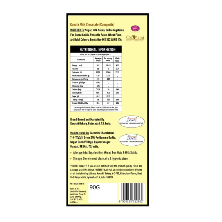 Cocoatini Kunefe Chocolate Bar 90gm By Karachi Bakery