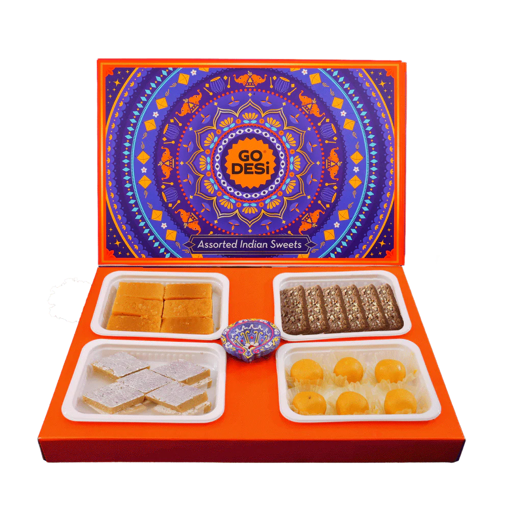 GO DESi - Assorted Meetha Diwali Gift Box | Diwali Diya | Kaju Katli | Besan Laddoo | Mysore Pak | Badam Coconut Barfi