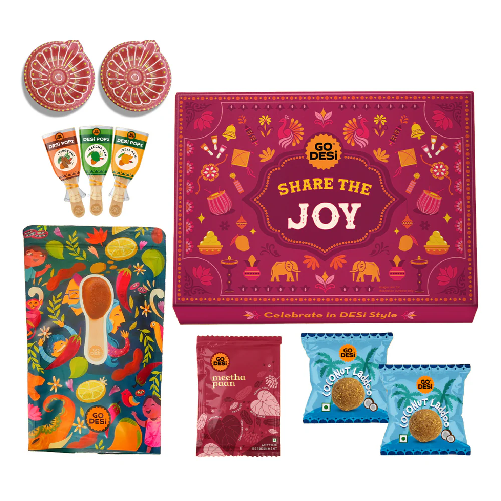 GO DESi Diwali Gift Box | Diwali Diya Set, Coconut Laddu, DESi POPz: Tangy Imli, Real Aam, Kaccha Aam, Meetha Paan | 12 Items