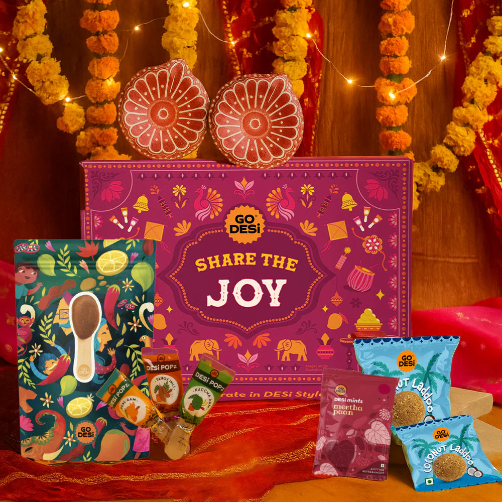 GO DESi Diwali Gift Box | Diwali Diya Set, Coconut Laddu, DESi POPz: Tangy Imli, Real Aam, Kaccha Aam, Meetha Paan | 12 Items