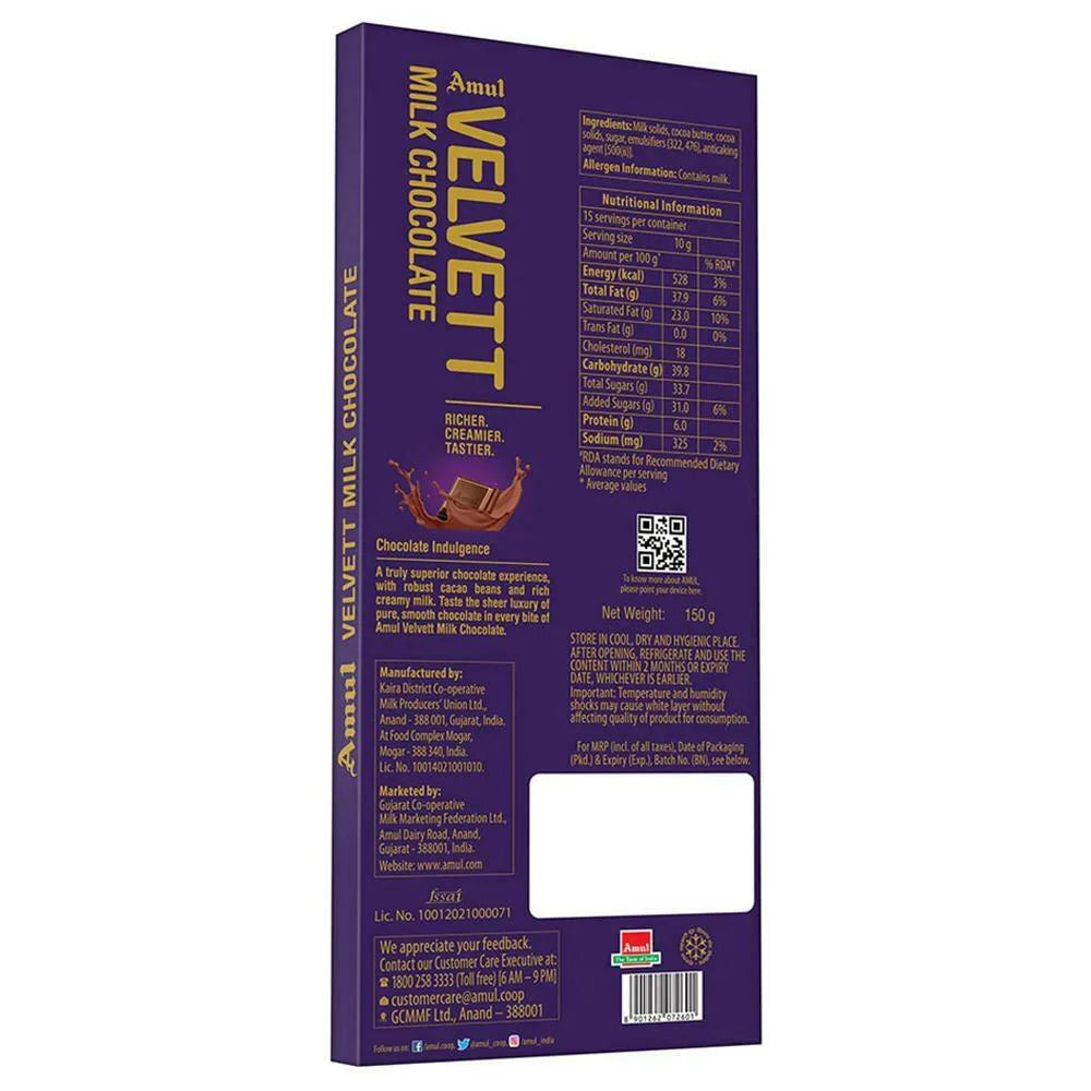 Amul Velvet Milk Chocolate, creamy indulgence, decadent delight, finest milk, rich flavors, luxurious creaminess, chocolate bliss, irresistible taste, baking, dessert.