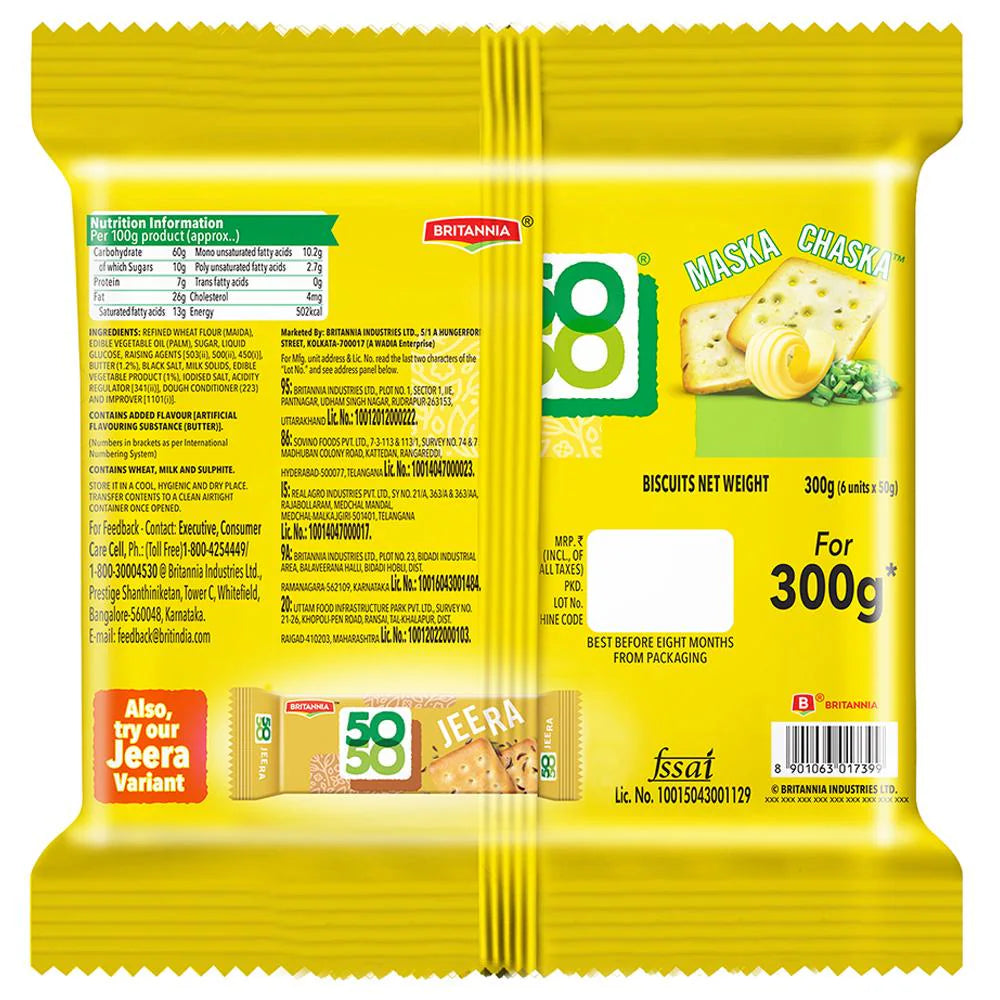 Britannia 50-50 Maska Chaska Biscuits, irresistible flavors, rich butter, unique snacking experience, crispy texture, creamy indulgence, tea time snack, delicious, Britannia signature taste
