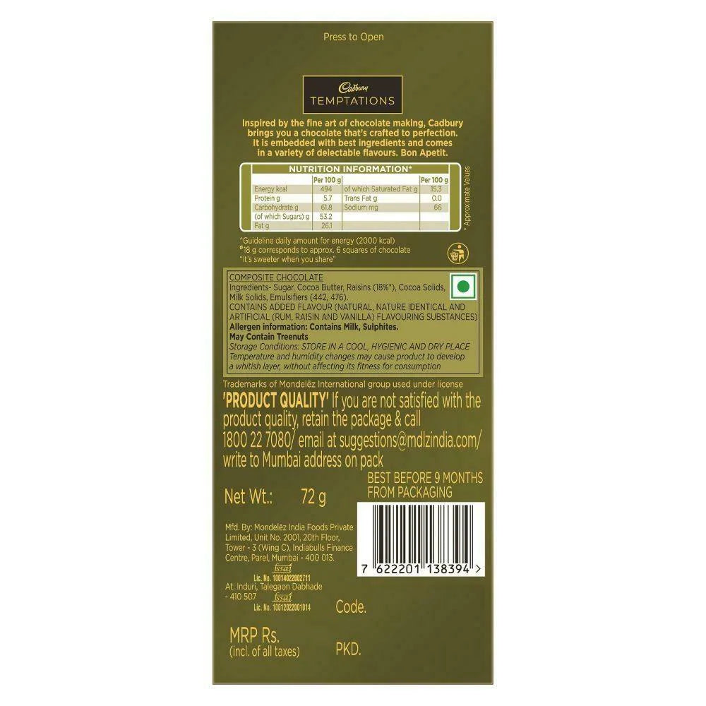 Cadbury Temptations Rum & Raisins Chocolate Front