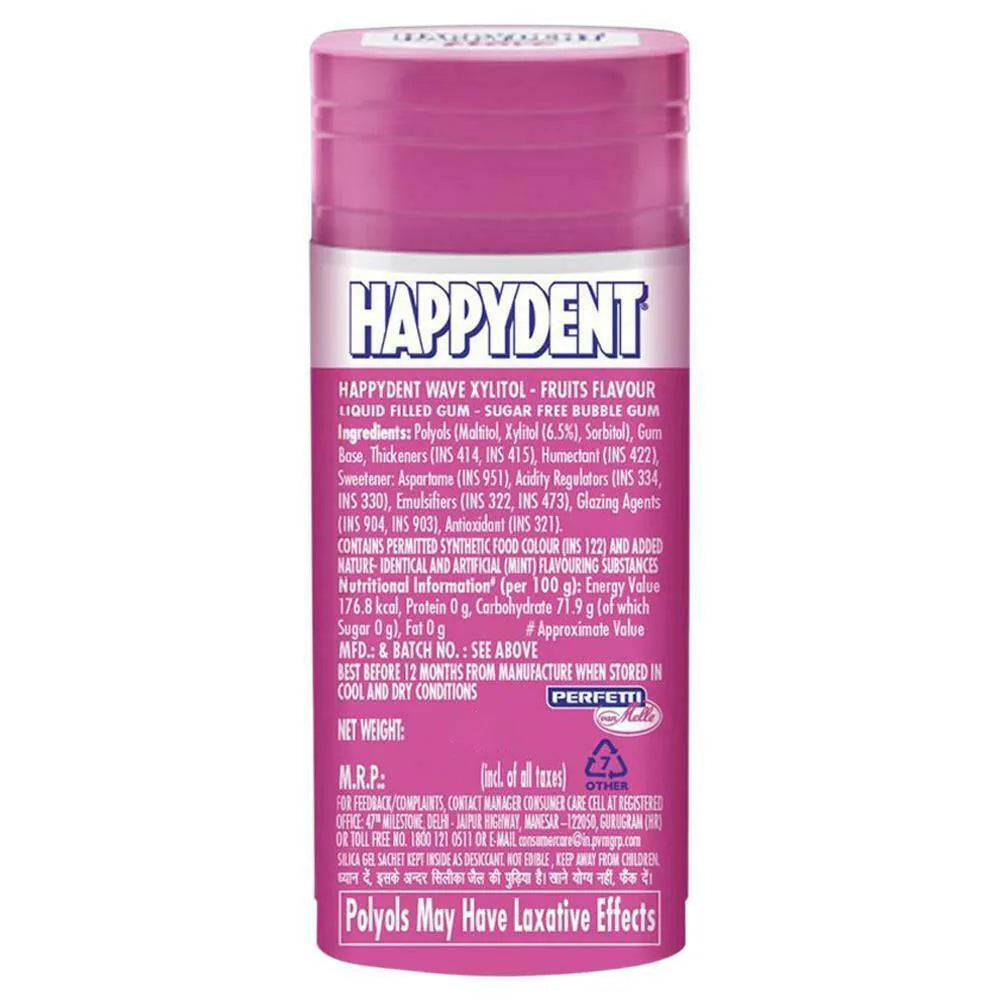Happydent Wave Sugarfree Chewing Gum, fruits flavor, xylitol, refreshing, guilt-free, breath freshening, invigorating, on-the-go, long-lasting freshness.