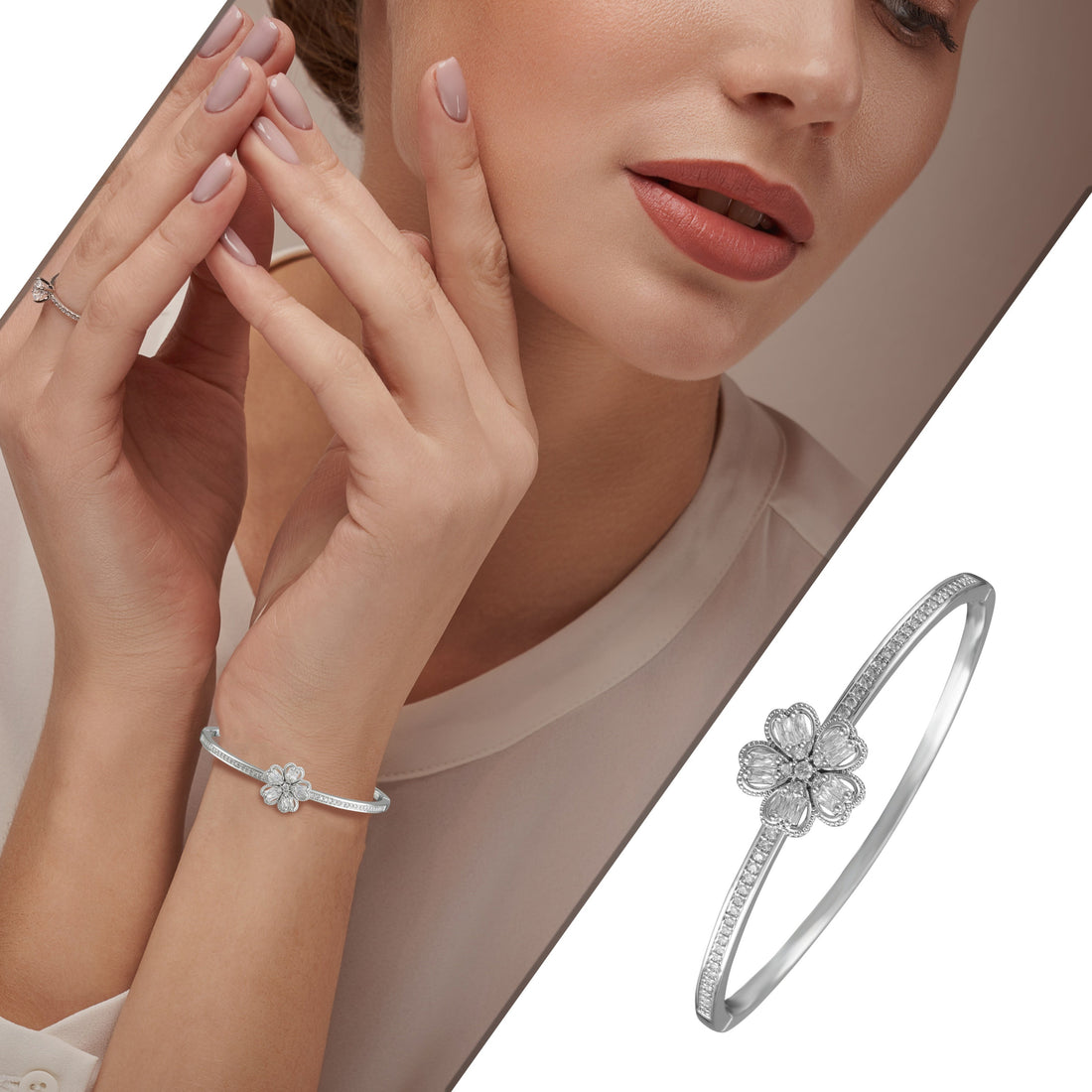 18K American Diamond Flower Design Silver Kada – A Symbol of Grace & Elegance