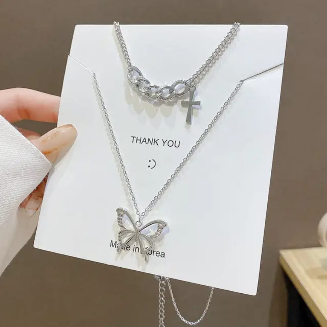 2-Piece Chain Necklace Set – Chunky Cross & Butterfly Pendant