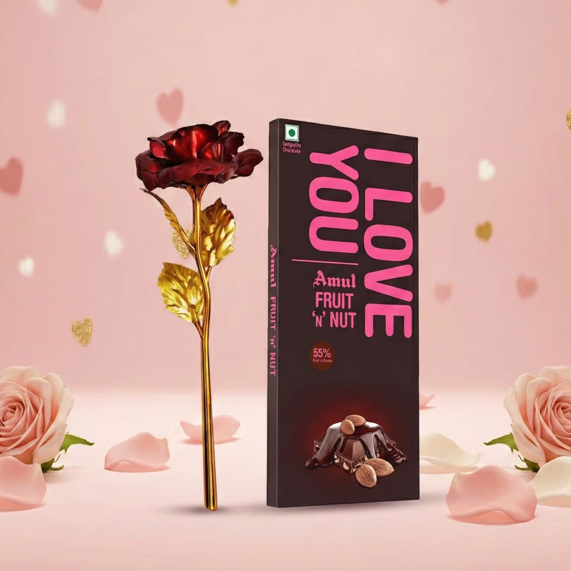24K Gold Plated Red Rose Gift Box with Amul Fruit & Nut Chocolate – A Golden Expression of Love (ILU Edition)
