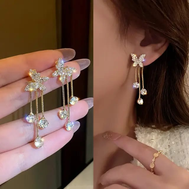 Asymmetric Butterfly Dangle Earrings – Crystal Drop & Stud Combo