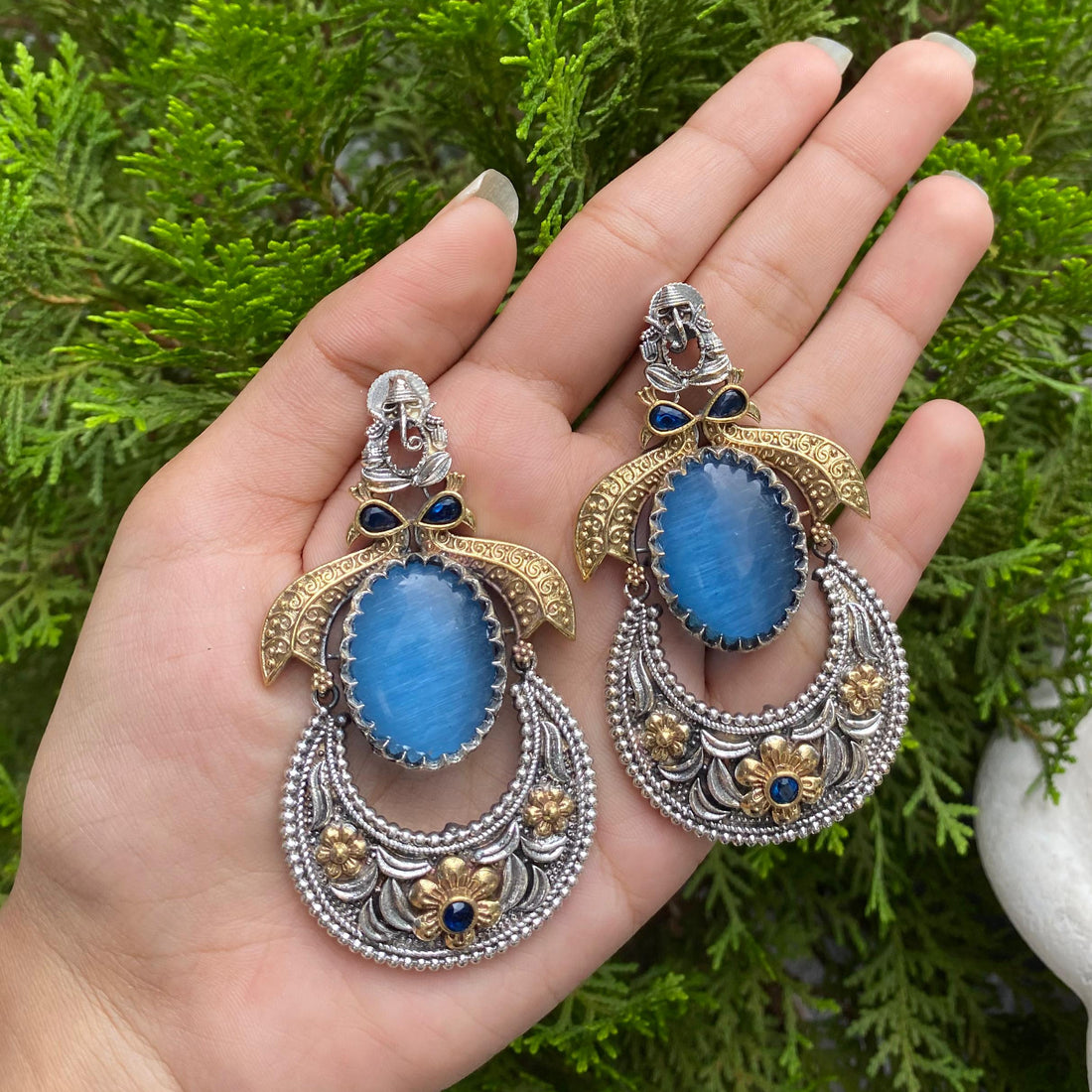 Azure Royal Crescent Earrings – A Symphony of Silver, Gold & Ocean Glow
