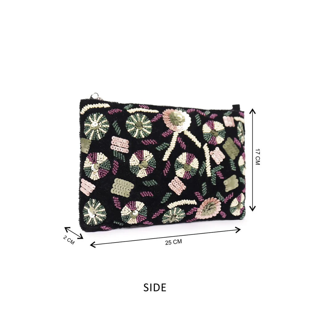 Black Beaded Embroidered Woven Makeup/Travel Pouch – A Fusion of Elegance and Practicality