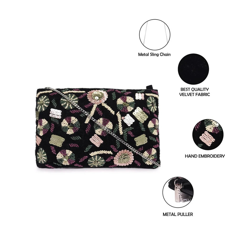 Black Beaded Embroidered Woven Makeup/Travel Pouch – A Fusion of Elegance and Practicality