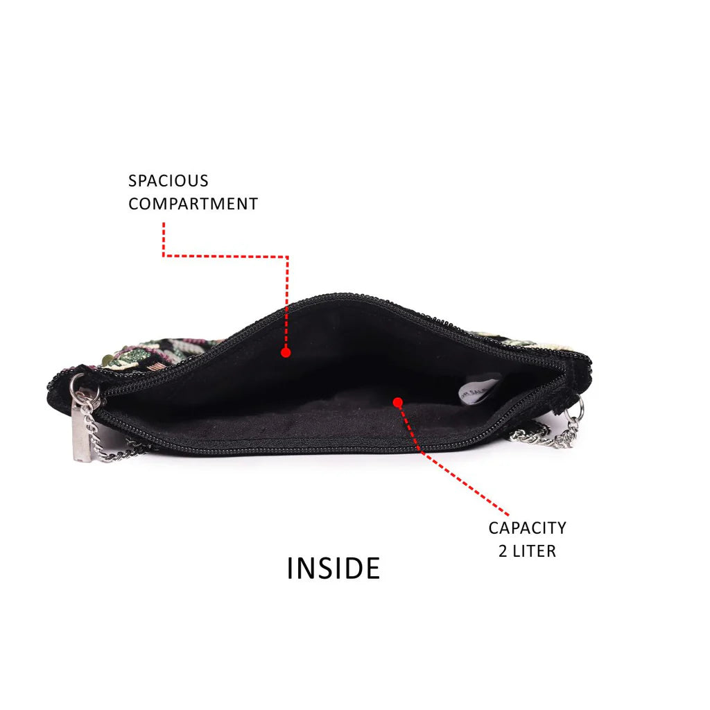 Black Beaded Embroidered Woven Makeup/Travel Pouch – A Fusion of Elegance and Practicality