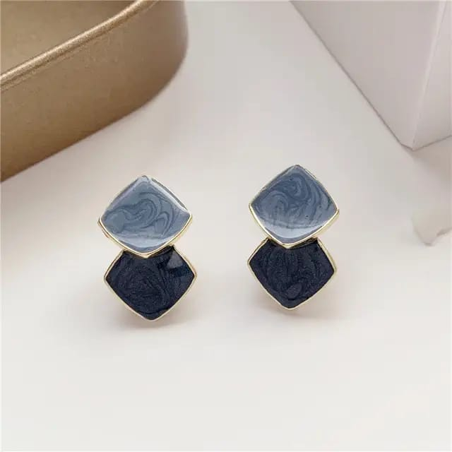Blue Marble Enamel Stud Earrings – Contemporary Dual-Tone Imitation Jewelry