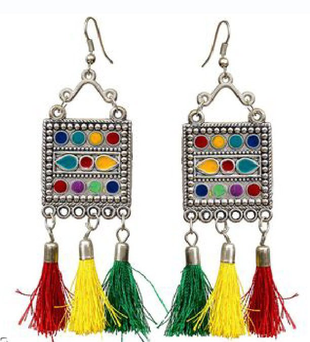 Boho Tribal Oxidized Earrings – Multicolor Tassel & Enamel Charm