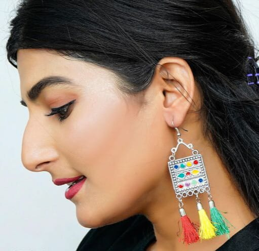 Boho Tribal Oxidized Earrings – Multicolor Tassel & Enamel Charm