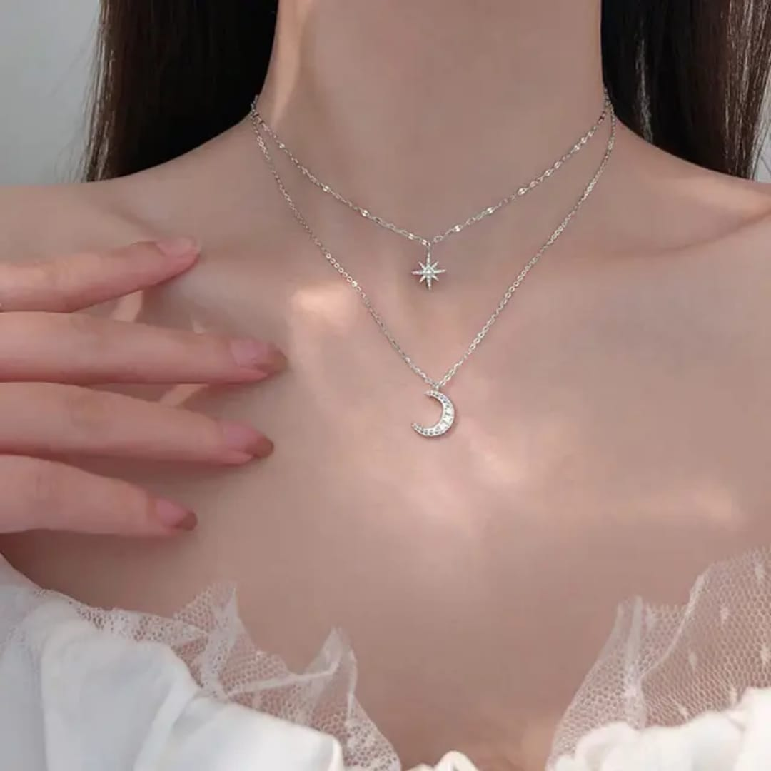 Celestial Moon & Star Necklace – Silver-Tone