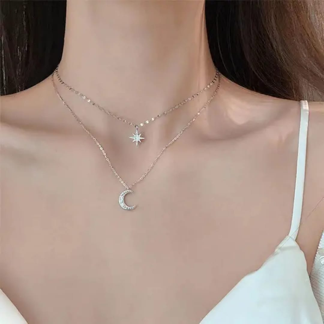 Celestial Moon & Star Necklace – Silver-Tone