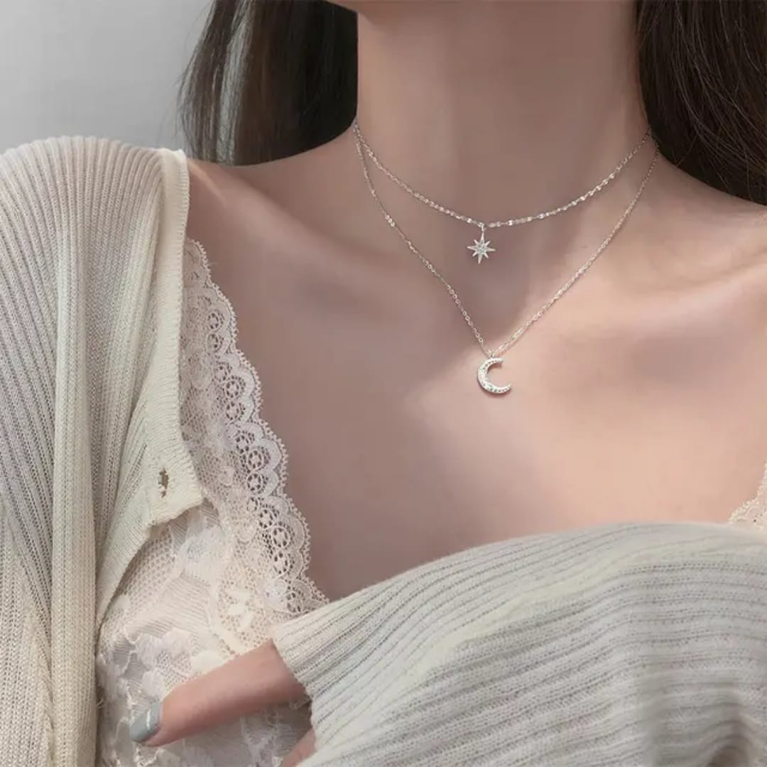Celestial Moon & Star Necklace – Silver-Tone