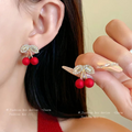 Cherry Design Stud Earrings – Red Beads with Sparkling Leaf Tops