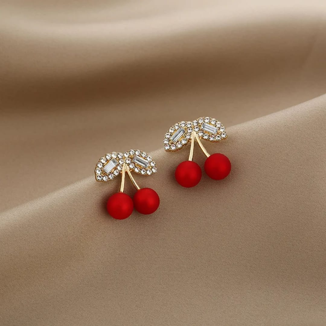 Cherry Design Stud Earrings – Red Beads with Sparkling Leaf Tops