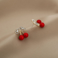 Cherry Design Stud Earrings – Red Beads with Sparkling Leaf Tops