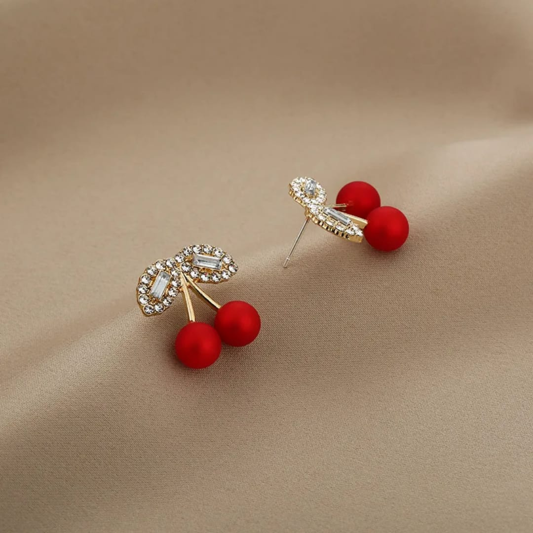 Cherry Design Stud Earrings – Red Beads with Sparkling Leaf Tops