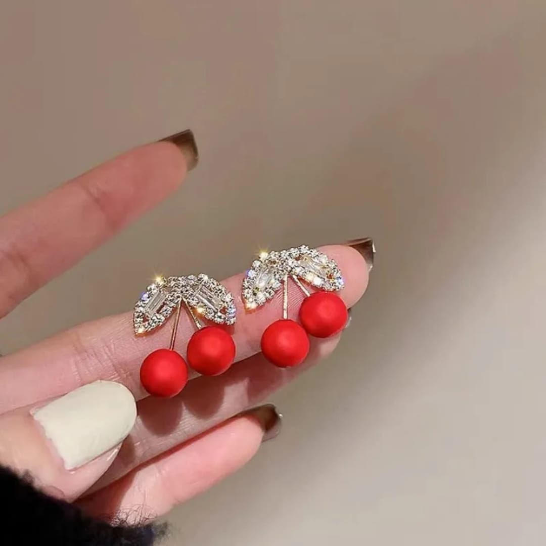 Cherry Design Stud Earrings – Red Beads with Sparkling Leaf Tops