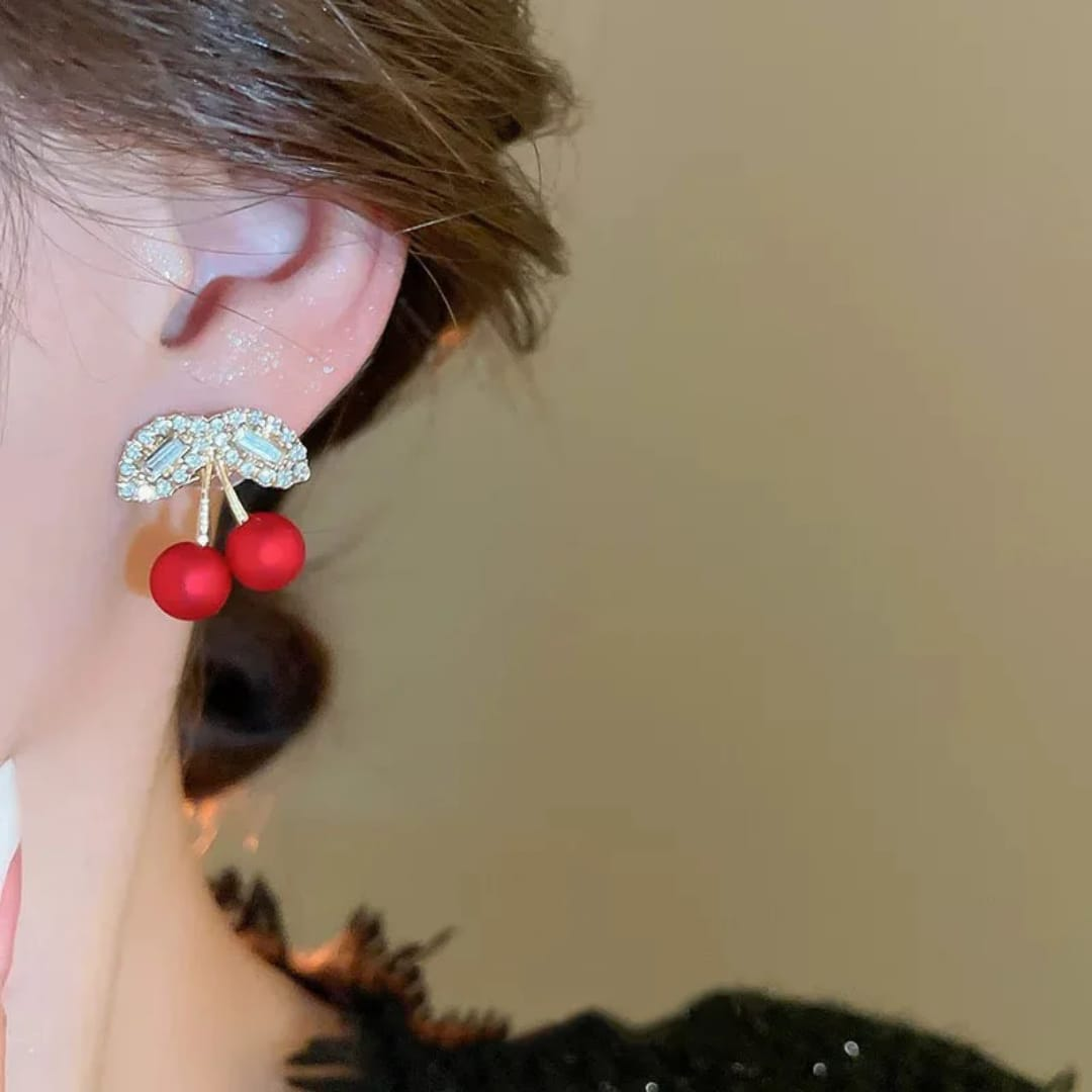 Cherry Design Stud Earrings – Red Beads with Sparkling Leaf Tops