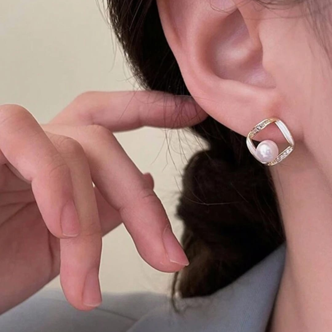 Classic Pearl Frame Earrings – Gold-Tone Studs with Crystal Accents