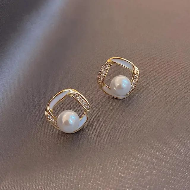 Classic Pearl Frame Earrings – Gold-Tone Studs with Crystal Accents