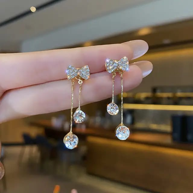 Crystal Drop Bow Earrings – Dainty Gold Danglers with Sparkling Charm