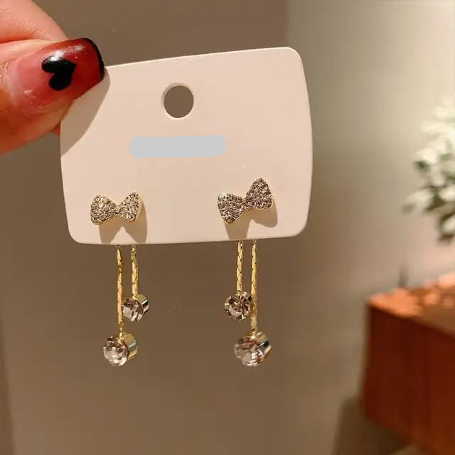 Crystal Drop Bow Earrings – Dainty Gold Danglers with Sparkling Charm