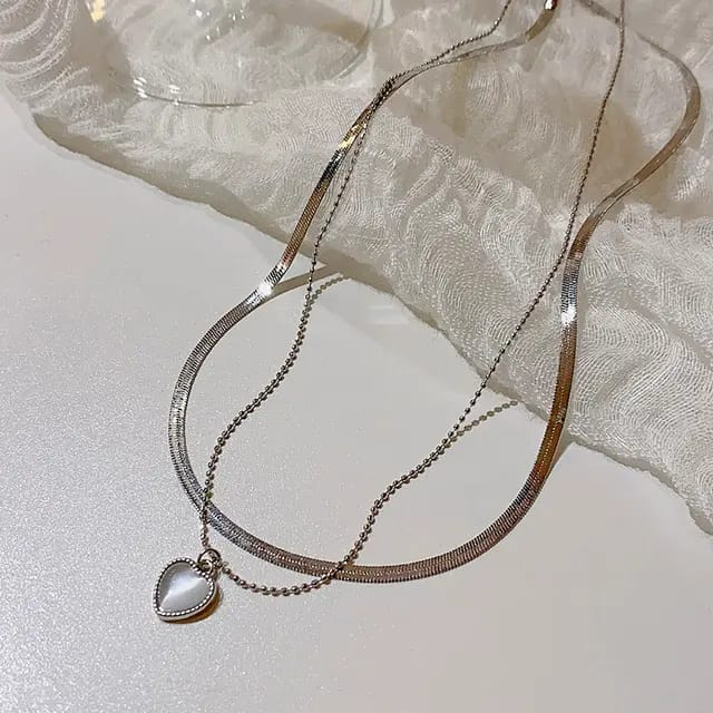 Elegant Dual Chain Necklace – White Heart Charm