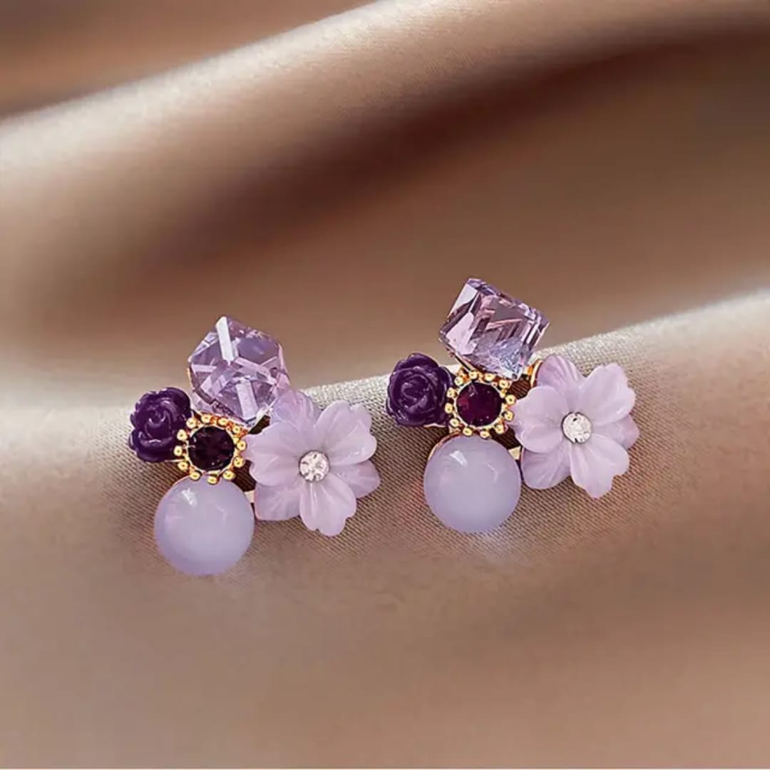 Elegant Purple Flower Earrings – Multi-Stone Designer Studs