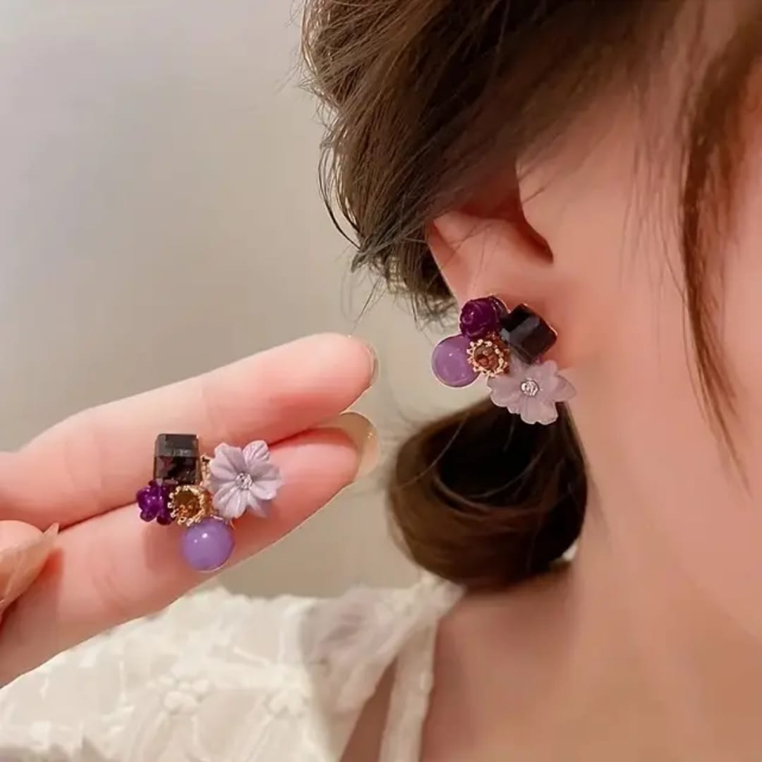 Elegant Purple Flower Earrings – Multi-Stone Designer Studs