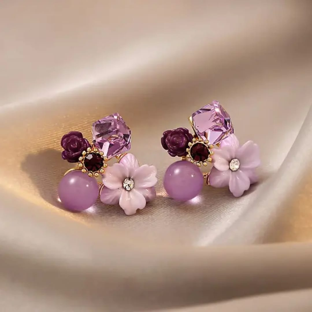 Elegant Purple Flower Earrings – Multi-Stone Designer Studs