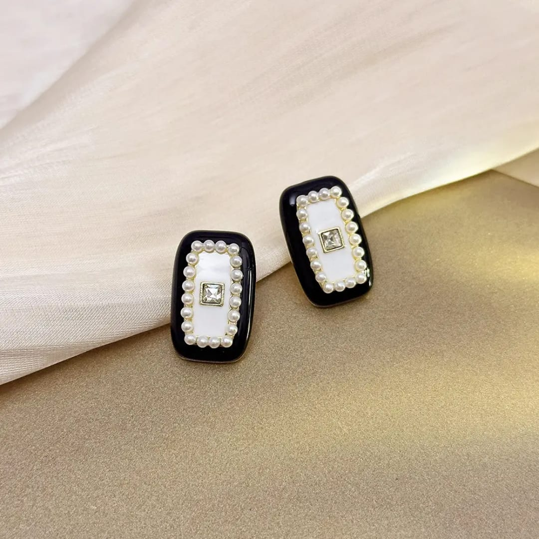 Elegant Rectangular Pearl Studs – Black Border with Center Gem