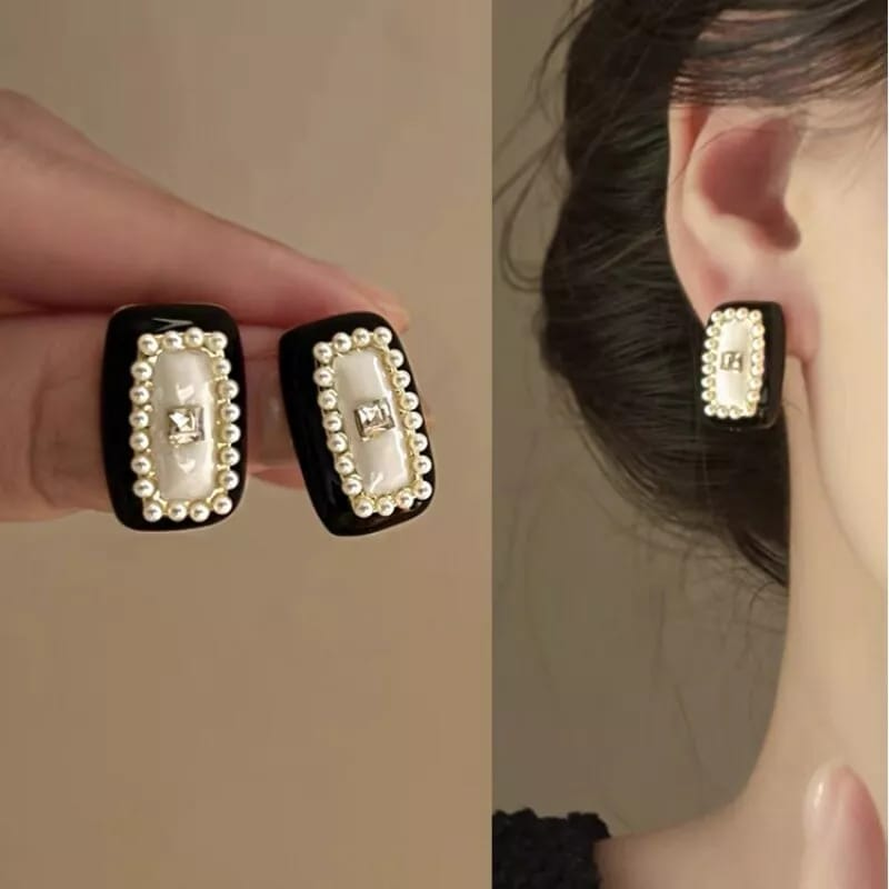 Elegant Rectangular Pearl Studs – Black Border with Center Gem