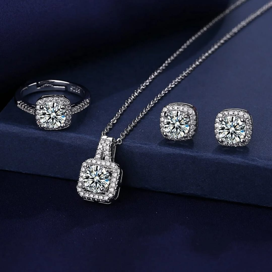 Elegant Solitaire Imitation Jewelry Set – Timeless Sparkle in a Complete Trio