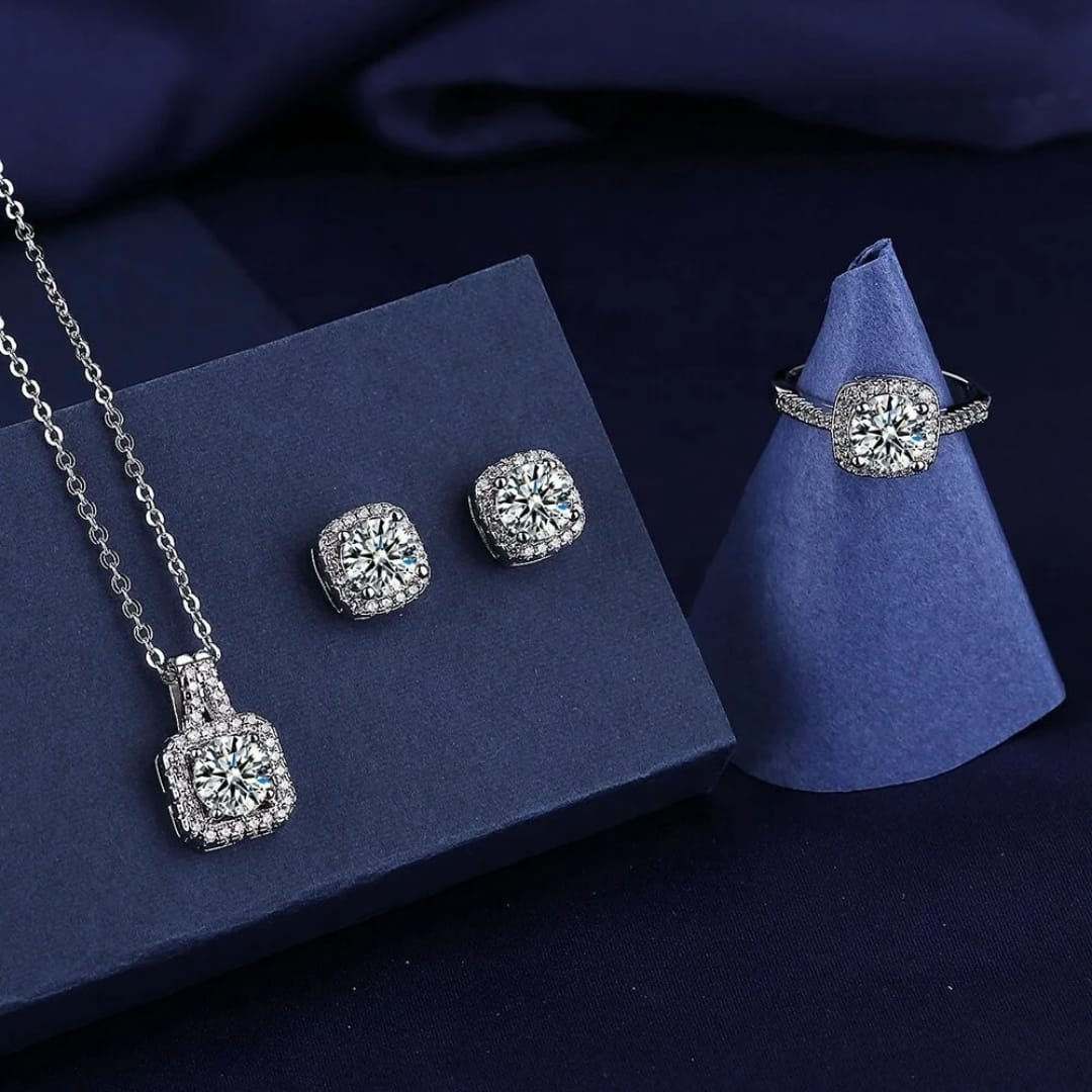 Elegant Solitaire Imitation Jewelry Set – Timeless Sparkle in a Complete Trio