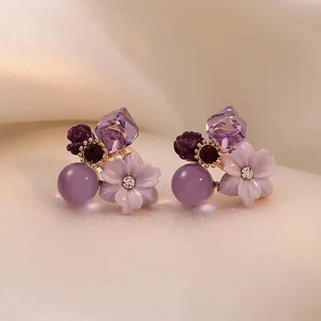 Elegant Purple Flower Earrings – Multi-Stone Designer Studs
