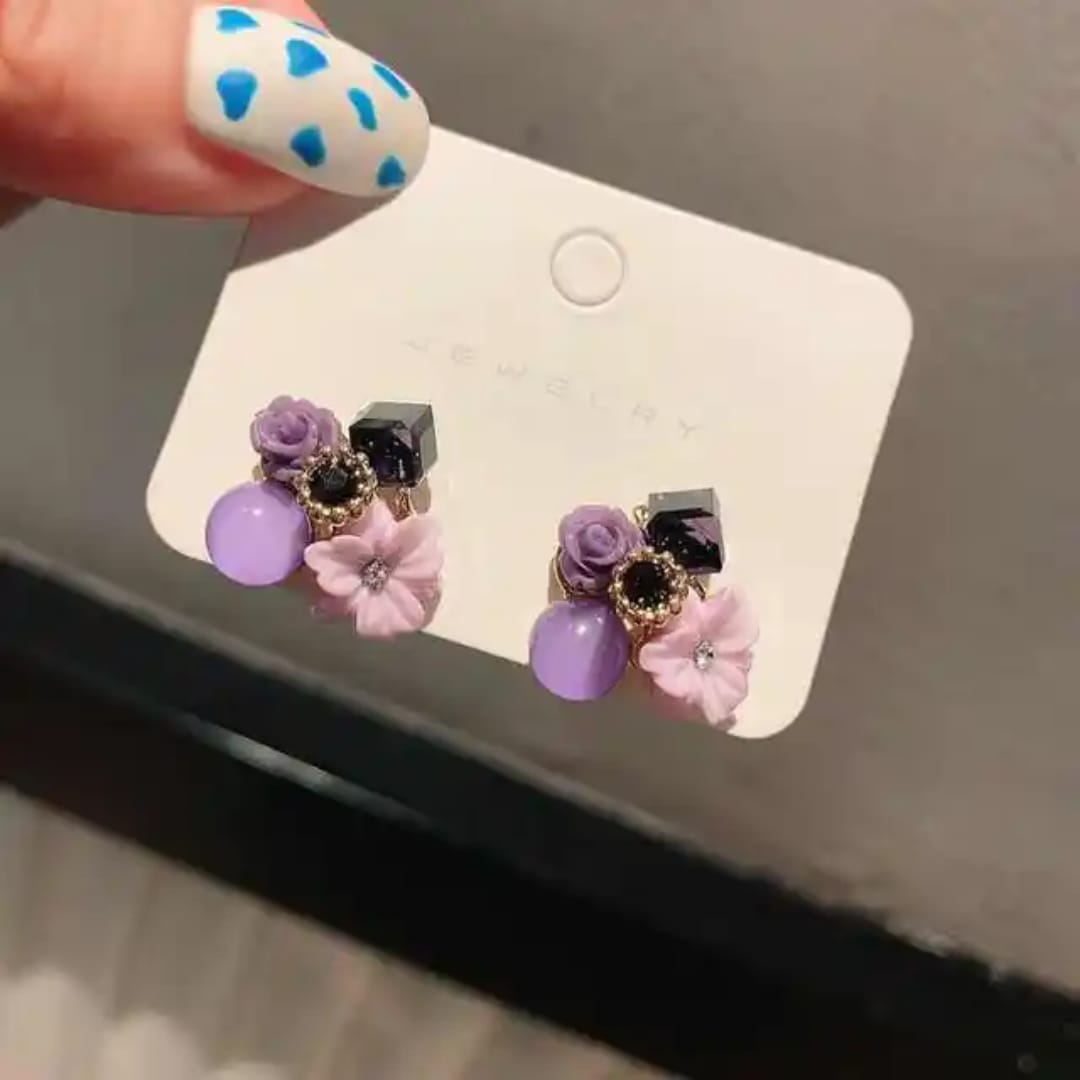 Elegant Purple Flower Earrings – Multi-Stone Designer Studs