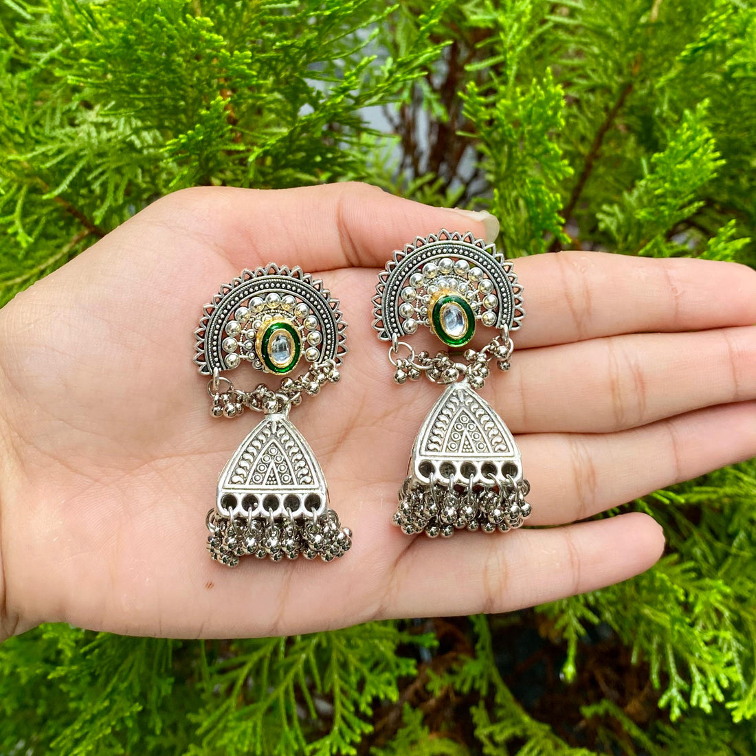 Emerald Arch Oxidized Jhumkas – A Vintage Elegance with a Vibrant Touch