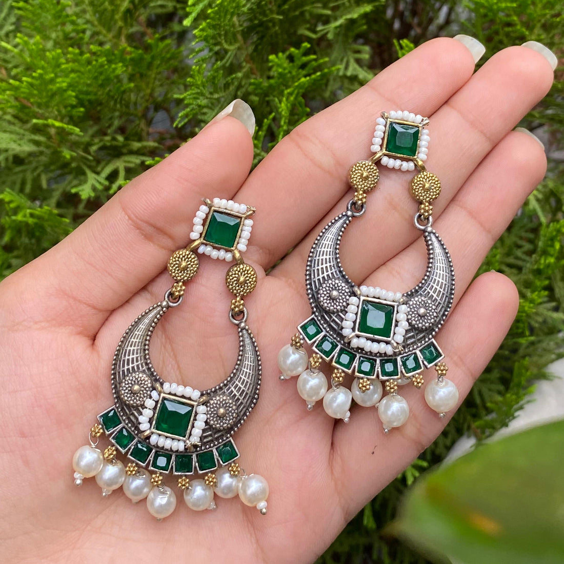 Emerald Crescent Pearl Chandbalis – A Symphony of Green Elegance and Lunar Grace