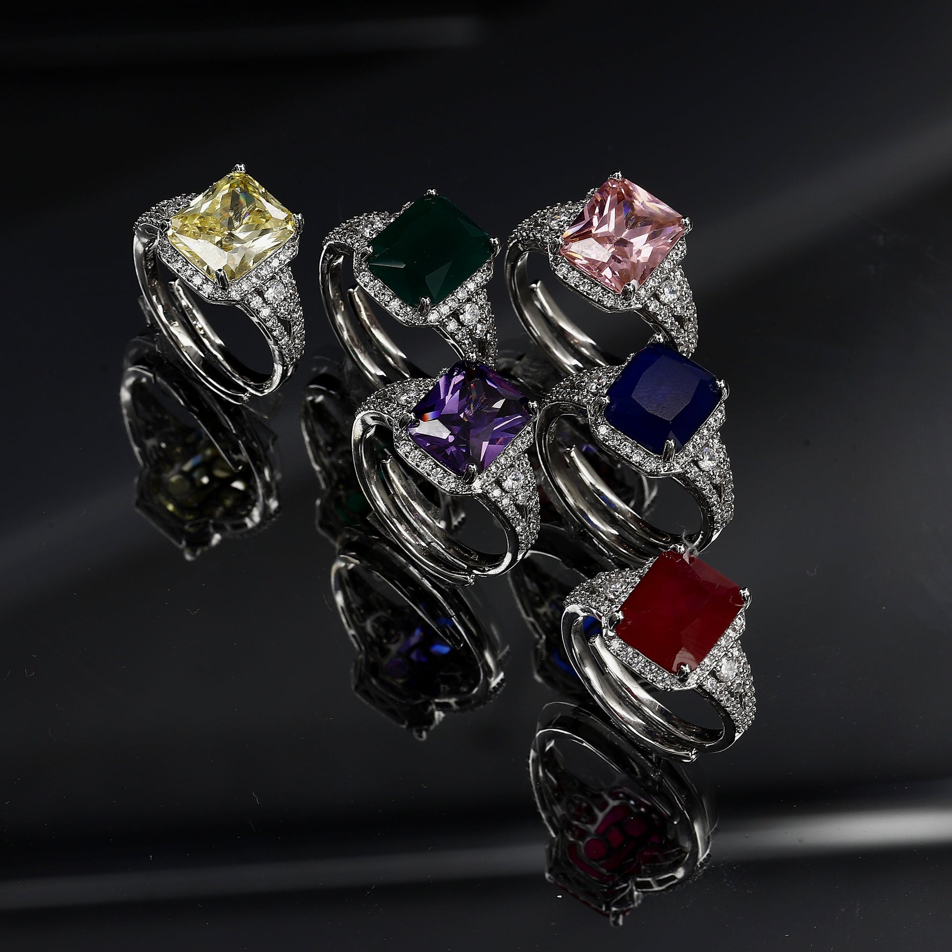 Emerald Cut Diamond Freesize Silvertone Ring – A Radiant Blend of Modern Sophistication and Timeless Charm