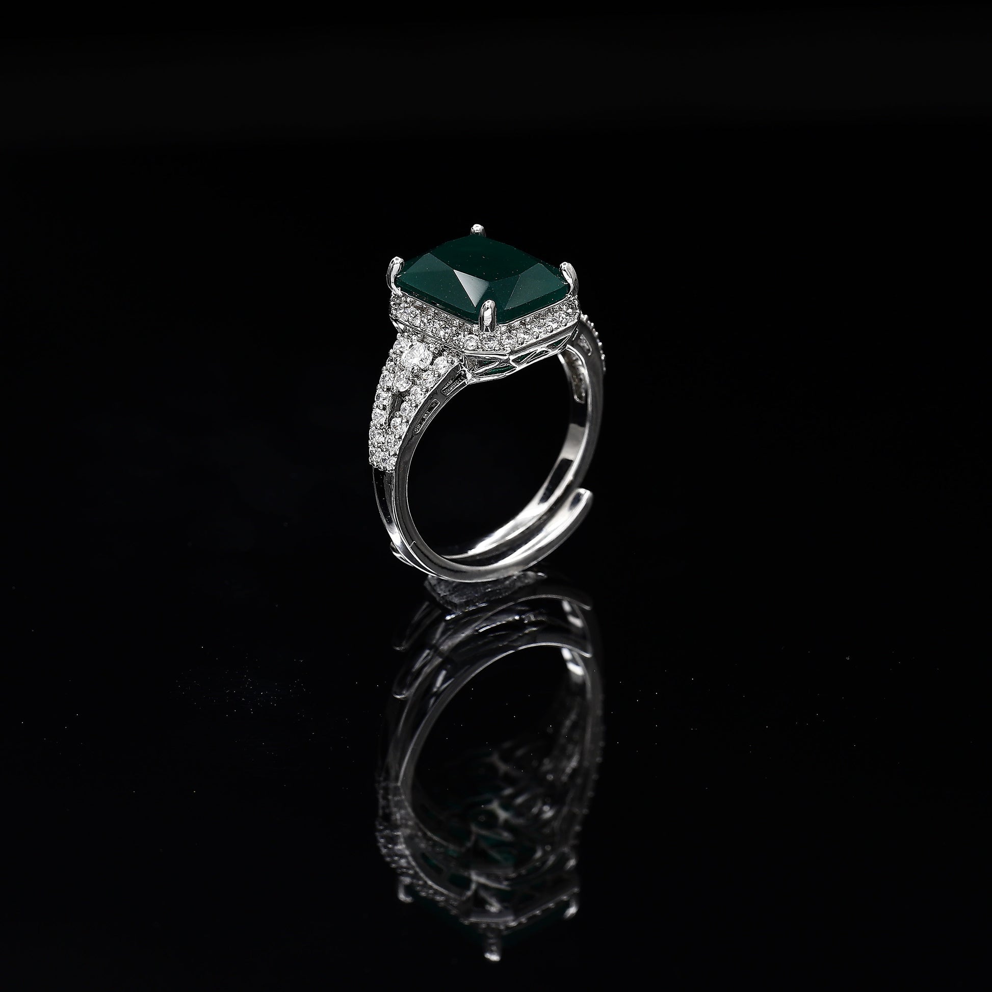 Emerald Cut Diamond Freesize Silvertone Ring – A Radiant Blend of Modern Sophistication and Timeless Charm
