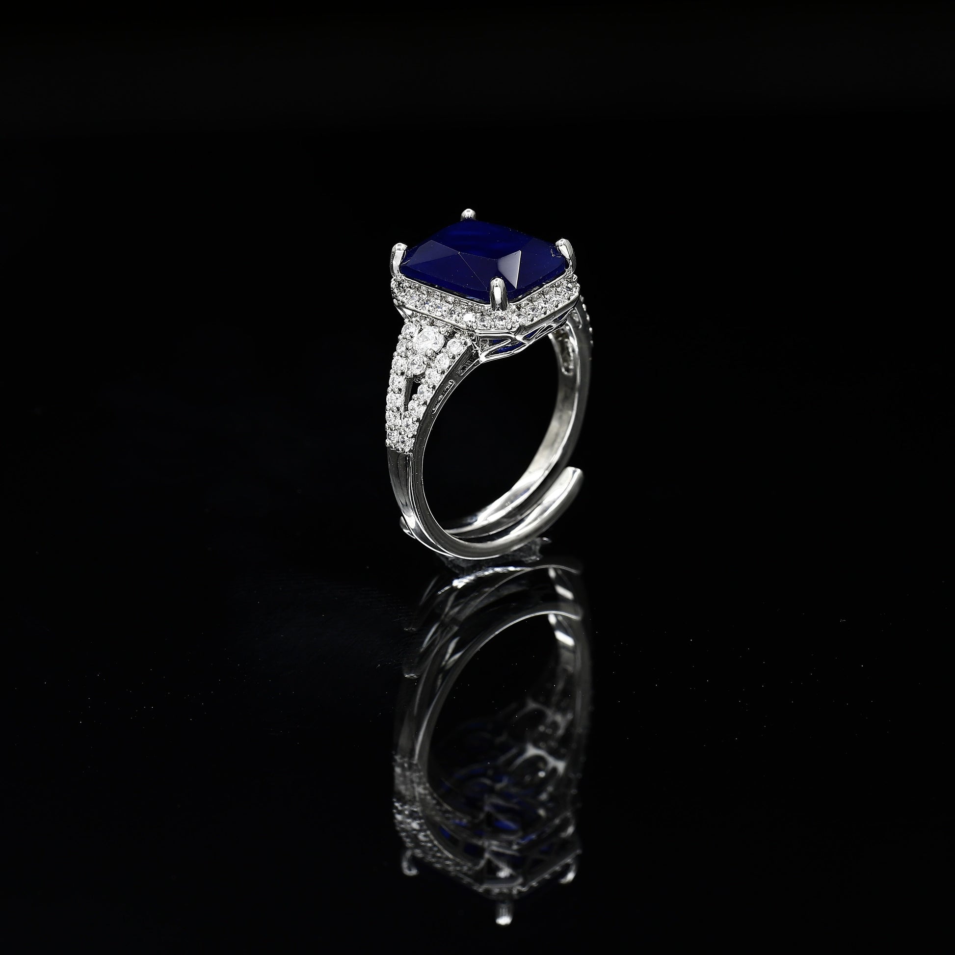 Emerald Cut Diamond Freesize Silvertone Ring – A Radiant Blend of Modern Sophistication and Timeless Charm
