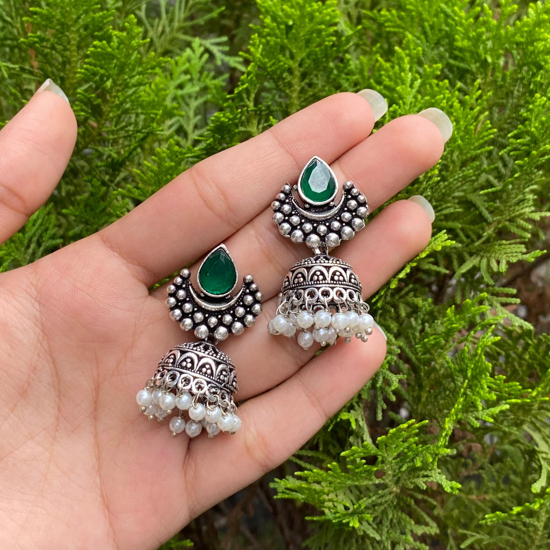 Emerald Dewdrop Oxidized Jhumkas – A Vintage Charm with a Touch of Nature