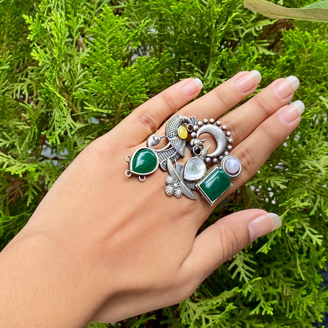 Emerald Moon Statement Ring – A Bold Emblem of Elegance and Mystery
