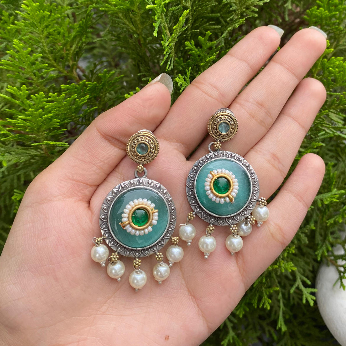 Emerald Moonlight Chandbalis – A Dance of Green Elegance & Silver Glow